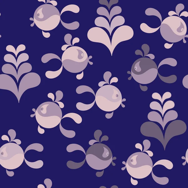 Komik balık ve su bitkileri. Dikişsiz desen arka plan. Vektör