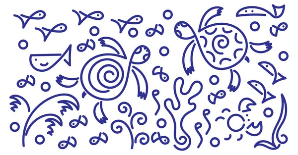 Doodle background. Sea Turtle, fish, underwater plants. Vector — Stock Vector