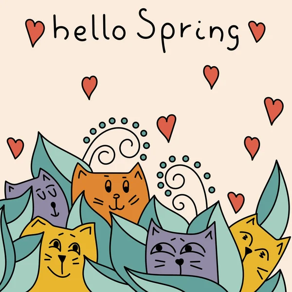 Ciao, Spring. Gatti carini che sbirciano fuori dalle foglie. Vettore — Vettoriale Stock