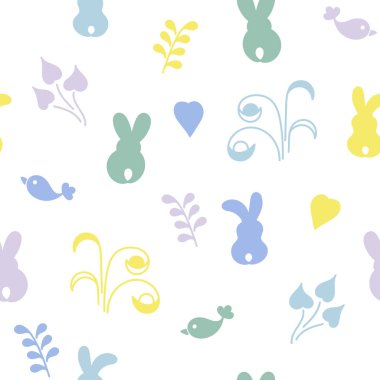 Sevimli tavşan, kuş, twigs ve kalpleri. Çocuk Giyim, duvar kağıdı, dekorasyon için seamless modeli. Vektör çizim