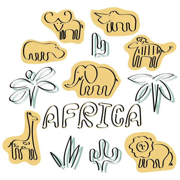 アフリカ、レタリング。かわいい動物の漫画のキャラクター。手描き。ベクトル図. — ストックベクタ