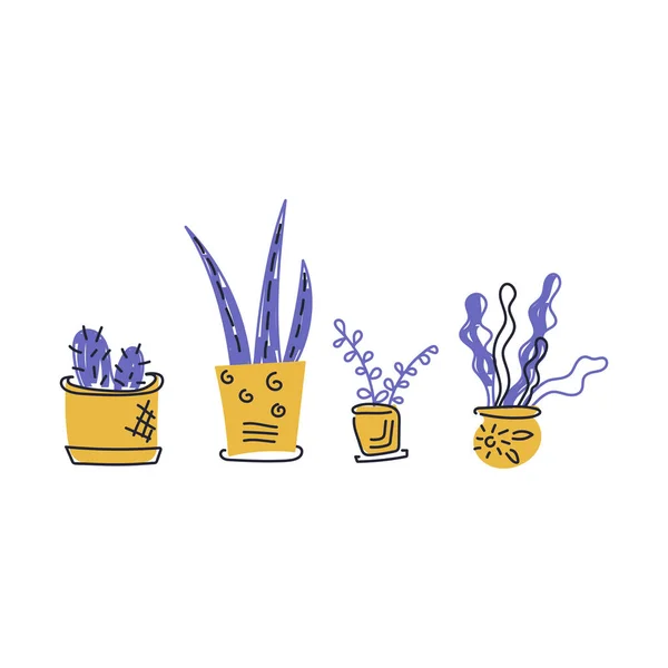Домашние растения с плоским ручным рисунком. Цветочные горшки. Вектор — стоковый вектор