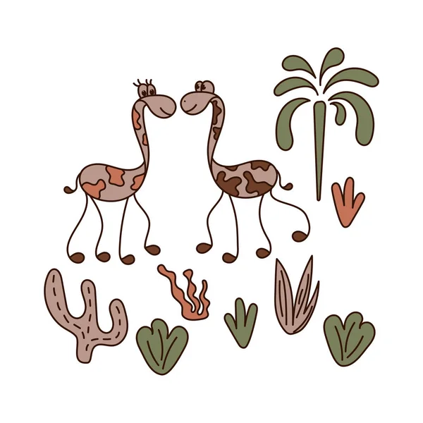Drôle d'animaux à long cou, palmiers, plantes. Illustration vectorielle — Image vectorielle