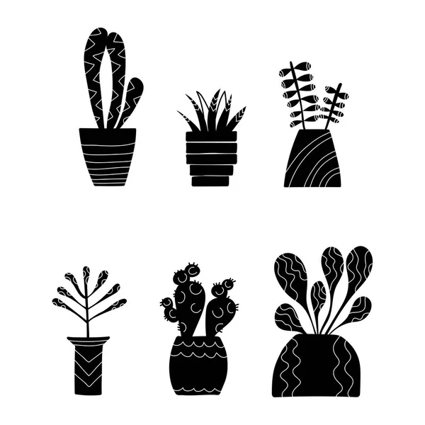 Conjunto de plantas caseiras doodle. Mão de vetor desenhada. Silhueta . — Vetor de Stock