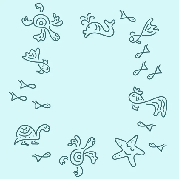 Ручной рисунок. Море. Рыба, морские черепахи, морские звезды, киты. Рамка. Векторная иллюстрация — стоковый вектор