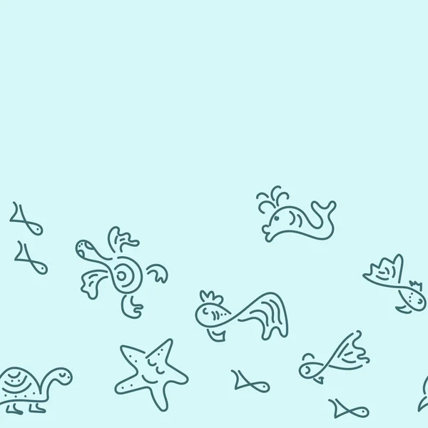 Doodle ruční kreslení pozadí. Moře. Ryby, mořské želvy, hvězdice, velryby. Vzor bezešvé, hranice. Vektorové ilustrace — Stockový vektor