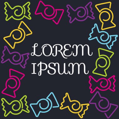 Şekerler ve karamel tatlılar. Çerçeve. tebrik kartı. Şekerleme, şekerci, kafe için poster. Vektör el çizimillüstrasyon