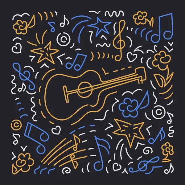 Fond vectoriel Doodle, guitare acoustique. Affiche concert de musique, festival . — Image vectorielle