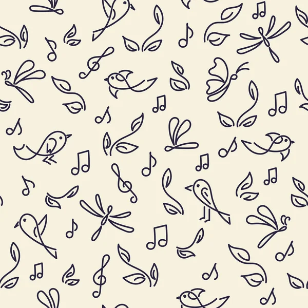 Doodle fondo sin costuras con notas de pájaros, mariposas. Ilustración vectorial . — Vector de stock