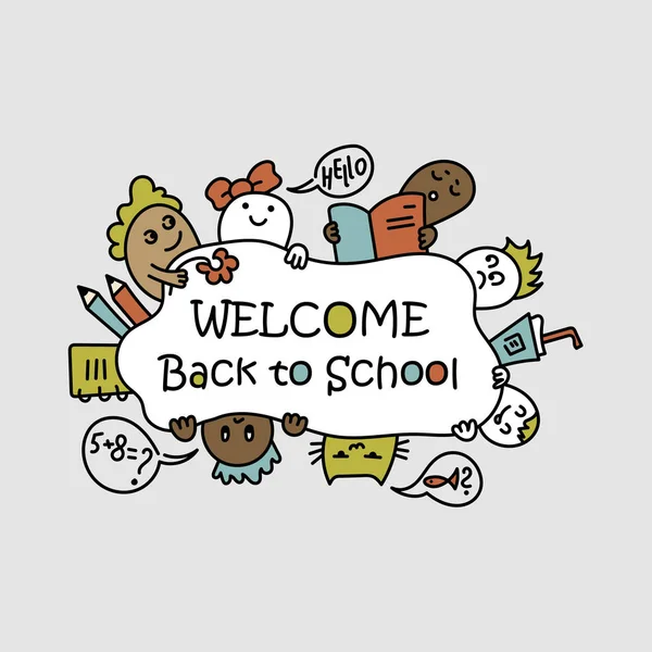 Back to school poster with doodles. children of different nationalities. Vector — Stock Vector