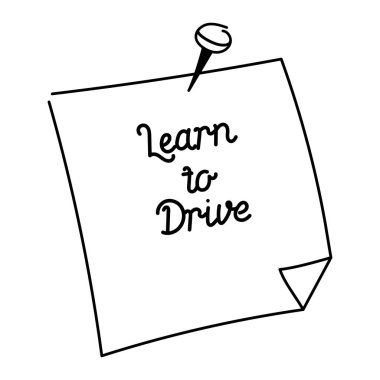 Araba kullanmayı öğren. Etiketüzerine el yazısı. Araba kullanma okulu. Vektör çizimi.