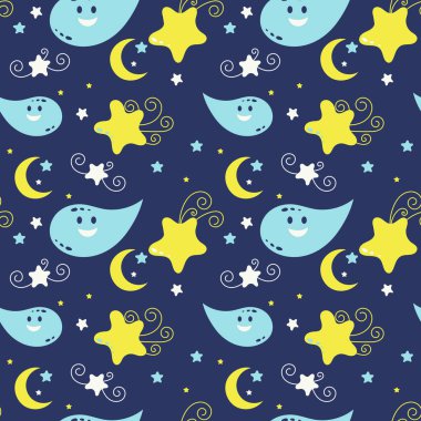 Sevimli doodle sorunsuz desen. Ay ve yıldızlar. Vektör çizimi.