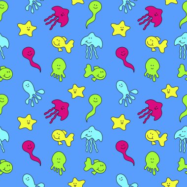 Deniz hayvanları sorunsuz desen. Vektör illüstrasyon. Yıldız, ahtapot, denizanası.