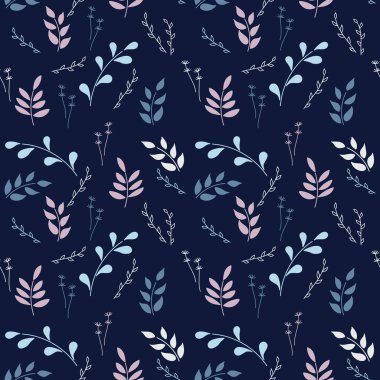 Koyu arka planda botanik Dikişsiz desen. Yaprakları ile twigs, bitkilerin farklı türleri. Vektör.