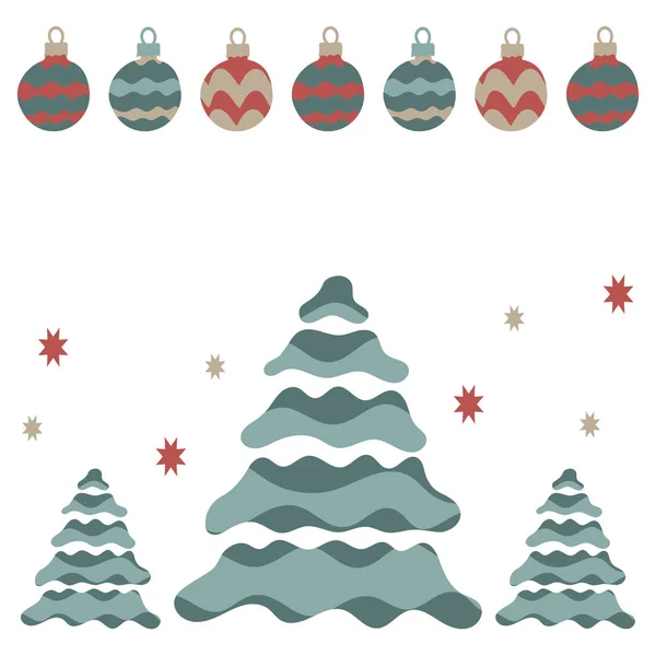 Afiche de año nuevo o postal, feliz año nuevo. decoración festiva, árboles de Navidad, guirnaldas, bolas de Navidad  . — Vector de stock