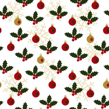 Kırmızı kış meyveleri ve Noel topları ile Vektör sorunsuz arka plan. El çizilmiş tarzı . Kumaş, ambalaj kağıdı, beyaz arka plan üzerinde kapak için Noel Desen.