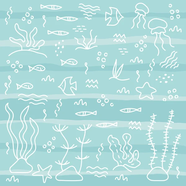 Doodle hand ritning i vågorna. Sea Life. Monokrom. Enkelt Plant motiv. Vektor illustration — Stock vektor