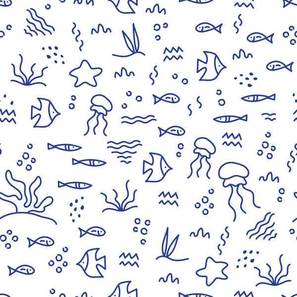 Linje konst vektor handritade. Doodle Cartoon sömlösa mönster av marint liv. Lämplig för tyger, tapeter, skivomslag, telefon fodral. Vektor illustration. — Stock vektor