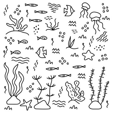 Doodle el çizim deseni. Deniz yaşamı. Monokrom. Basit düz motif . Vektör çizimi