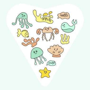 Vektör seti - sevimli deniz hayvanları, sualtı bitkileri, yaban hayatı, okyanus, sualtı dünyası. Düz çizim stili, elle çizilmiş.