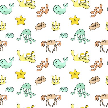 Sevimli deniz hayvanları, sualtı bitkileri, yaban hayatı, okyanus, sualtı dünyası. Doodle sorunsuz desen. Düz çizim stili, elle çizilmiş.