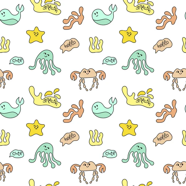 Cute sea animals, underwater plants, wildlife, ocean, underwater world.  Doodle seamless pattern. Flat drawing style, hand drawn. - Stock Image -  Everypixel