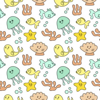 Sevimli deniz hayvanları, sualtı bitkileri, yaban hayatı, okyanus, sualtı dünyası. Beyaz arka planda karalama hatasız desen. Düz çizim stili, elle çizilmiş.