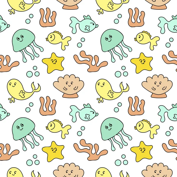 Cute sea animals, underwater plants, wildlife, ocean, underwater world. Doodle seamless pattern on white background. Flat drawing style, hand drawn.