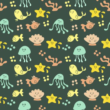 Sevimli deniz hayvanları, sualtı bitkileri, yaban hayatı, okyanus, sualtı dünyası. Koyu arka planda karalama hatasız desen. Düz çizim stili, elle çizilmiş.