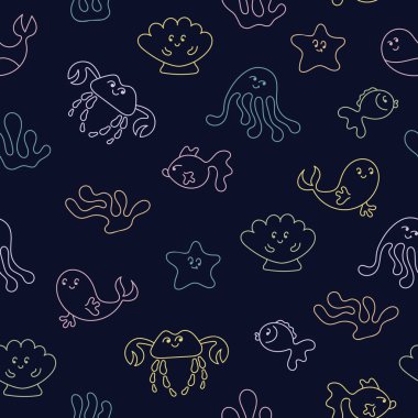 Balıklar, ahtapotlar, yengeçler, denizyıldızı, yunuslar, balinalar ile doodle sorunsuz arka plan. Kawaii karakterleri. Koyu arka planda parlak renk. . Vektör çizimi