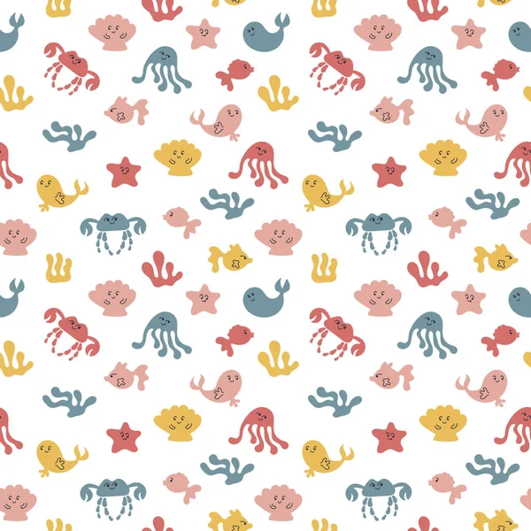 Balıklar, ahtapotlar, yengeçler, denizyıldızı, yunuslar, balinalar ile doodle sorunsuz arka plan. Kawaii karakterleri. Parlak renk. Beyaz arka planda. Vektör çizimi
