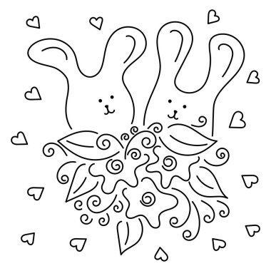 Vektör karikatür sevimli iki tavşan. Hayvanlar illüstrasyon. Çiçek buketi. Kartpostal, doğum günü, düğün, davetiye için mükemmel