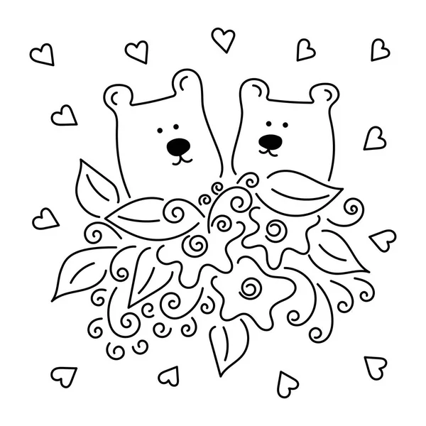 Desenhos animados vetoriais dois ursos bonitos. Ilustração de animais. Buquê de flores. Perfeito para cartão postal, aniversário, livro de capa —  Vetores de Stock