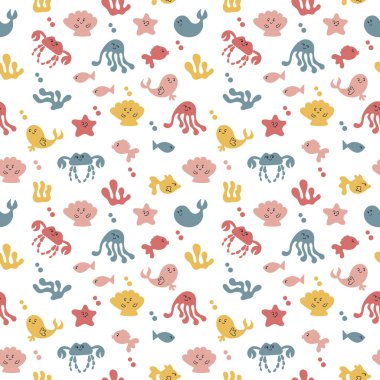 Balıklar, ahtapotlar, yengeçler, denizyıldızı, yunuslar, balinalar ile doodle sorunsuz arka plan. Vektör illüstrasyon. Kawaii karakterleri. Parlak renk. Beyaz arka planda.