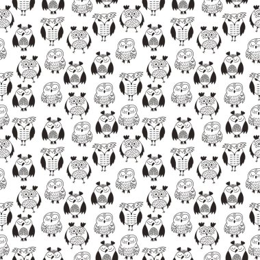 Owl seamless pattern. Hand drawn vector illustration. Different kinds of owl Doodle clipart