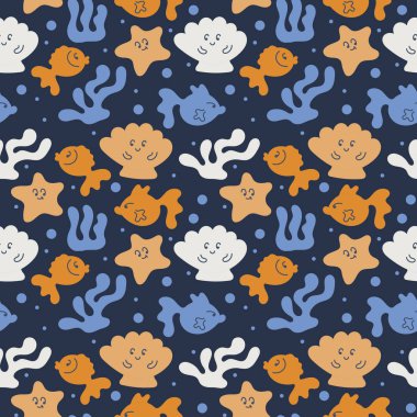 Vektör Sualtı dünyası. Balık, deniz kabukları, denizyıldızı, sualtı bitkileri ile Doodle dikişsiz arka plan. Kawaii karakterleri. Parlak renk. Koyu arka planda.