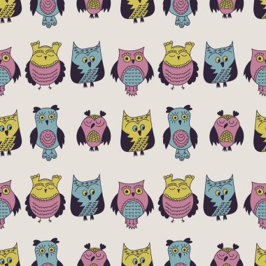 Sevimli Renkli Baykuşlar sorunsuz desen. Elle çizilmiş vektör illüstrasyonu.