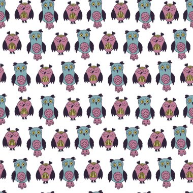 Sevimli renkli Baykuşlar Vektör sorunsuz desen. Beyaz arka planda elle çizilmiş çizim