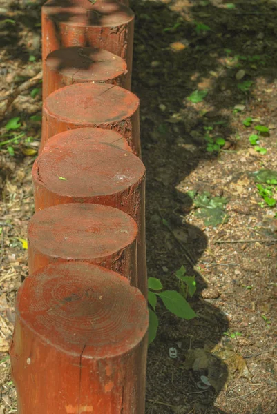 Una barriera di ceppi di legno, fila singola, disegno del giardino, design . — Foto Stock