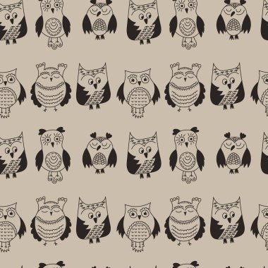 Baykuş dikişsiz desen. El çizilmiş vektör illüstrasyon. Farklı türde baykuş Doodle'ı. Arka plan oluşturma
