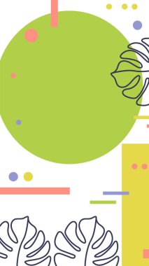 Telefon için ekran koruyucusu. Memphis tarzı, popüler 80s-90s. Tropikal yaprakları siluetleri. Hikayeler, vektör Illustration için şablonlar. Sosyal medya için tasarım arka planlar. El çizilmiş soyut kart.