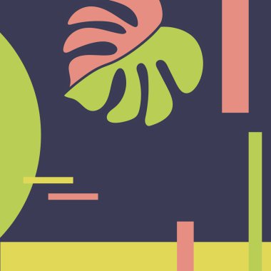 Memphis tarzında geometrik şekiller ve tropikal yaprakları ile soyut vektör deseni. Kartpostallar, davetiyeler, posterler ve daha fazlası için. Metin için yer