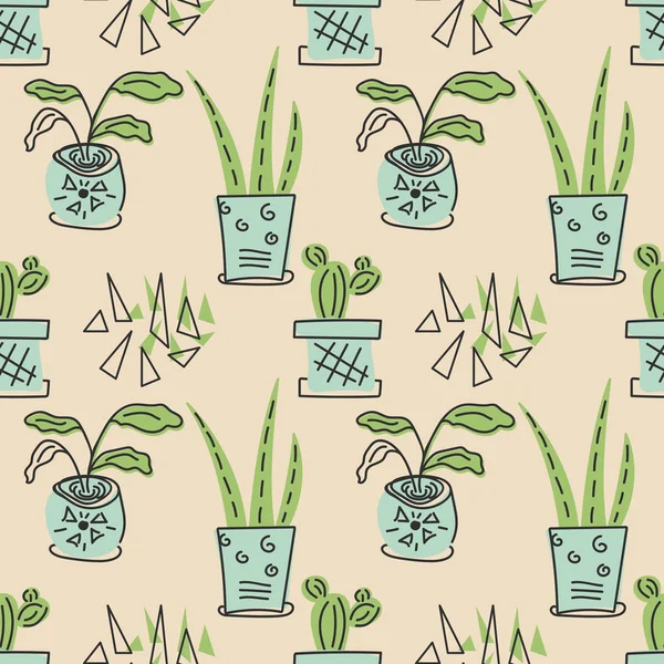 Plantas de casa hechas a mano. Ilustración de estilo escandinavo, patrón sin costuras para tela, papel pintado o papel de envoltura. Diseño vectorial . — Archivo Imágenes Vectoriales