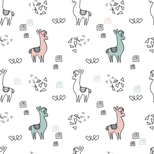 Fondo sin fisuras. Lindas llamas o alpacas rosadas y azules sobre un fondo blanco. Ilustración vectorial para tela, textil, Papel pintado — Vector de stock