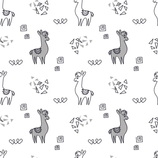 Fundo sem emenda. Llamas bonitos ou alpacas em um fundo branco. Vector doodle ilustração para tecido, têxtil, papel de parede — Vetor de Stock