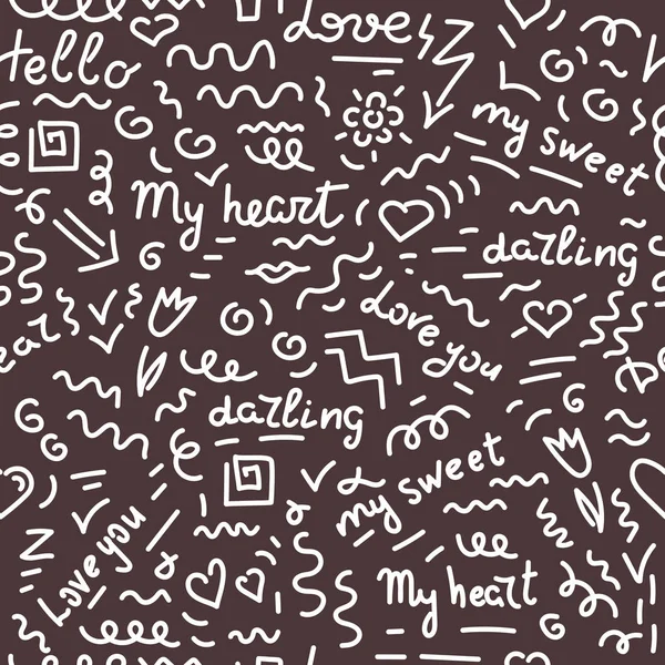 Doodle handtekening naadloze patroon. Woorden, zinnen over liefde, harten op chocolade achtergrond. Vector illustratie. Voor stof, inpakpapier, notebook covers, dagboek, cover — Stockvector