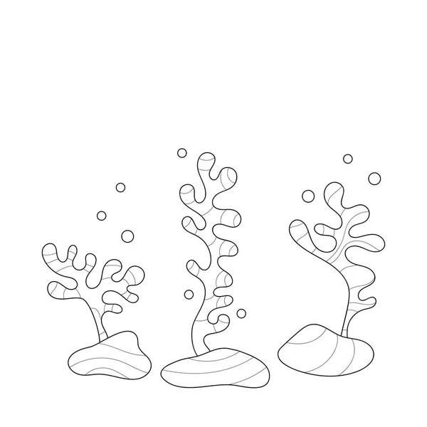 Buku mewarnai. Dunia bawah laut tanaman laut. Sketsa anti-stres dengan gambar tangan dengan elemen Doodle dan zentangle . - Stok Vektor