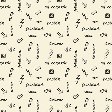 Doodle el çizim Dikişsiz desen. Kelimeler, Ispanyolca aşk ifadeler, kalpler, oklar, çiçekler, squiggles. Vektör Illustration.