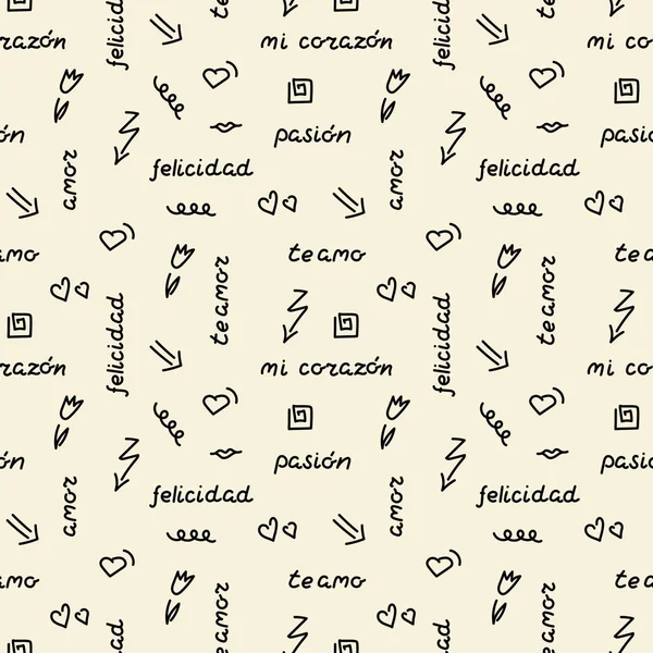Doodle handtekening naadloze patroon. Woorden, zinnen van liefde in het Spaans, harten, pijlen, bloemen, kronkels. Vector illustratie. — Stockvector