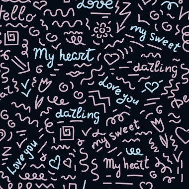 Siyah arka planda Dikişsiz desen çizimi el Doodle. Pembe ve mavi sözcükler, Ispanyolca aşk cümleleri